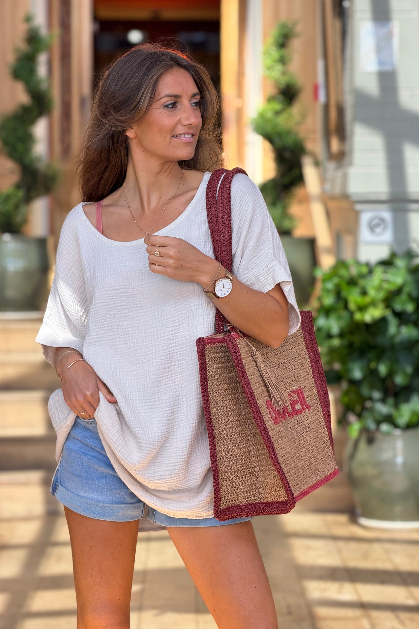 Burgundy “OH SOLEIL” Jute Beach Tote