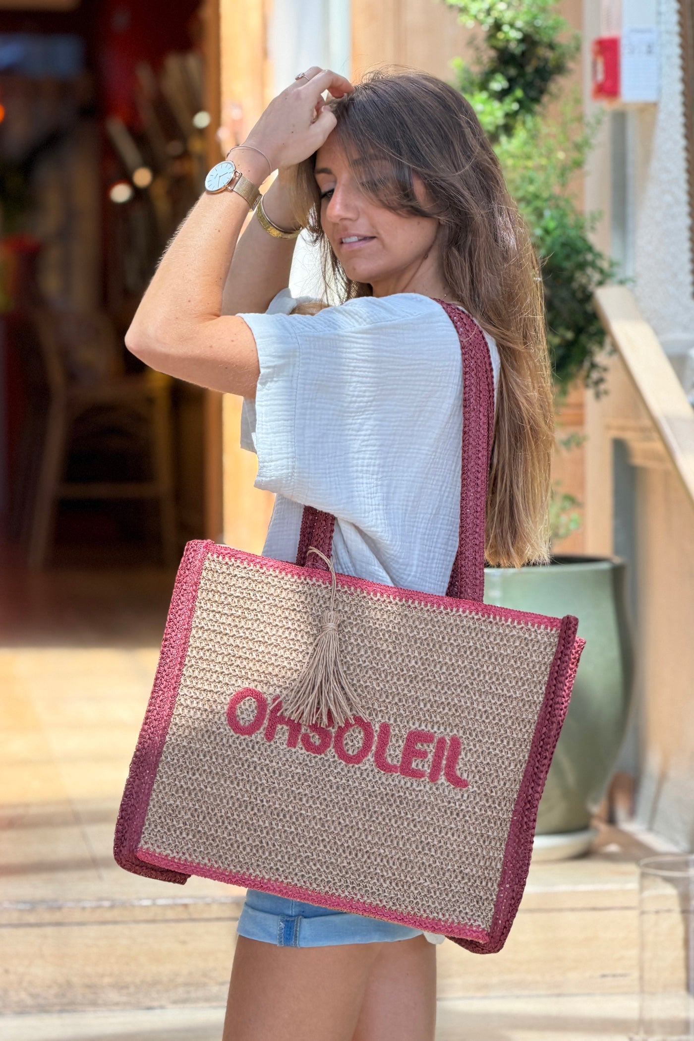 Burgundy “OH SOLEIL” Jute Beach Tote