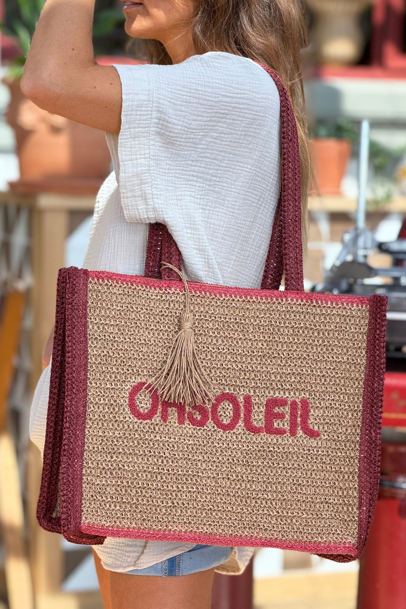 Burgundy “OH SOLEIL” Jute Beach Tote