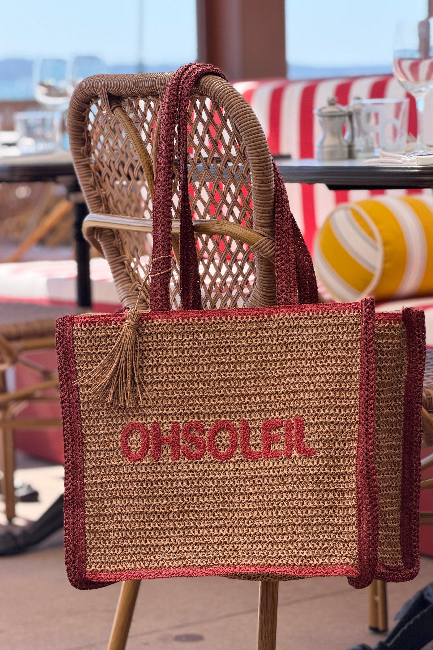 Burgundy “OH SOLEIL” Jute Beach Tote