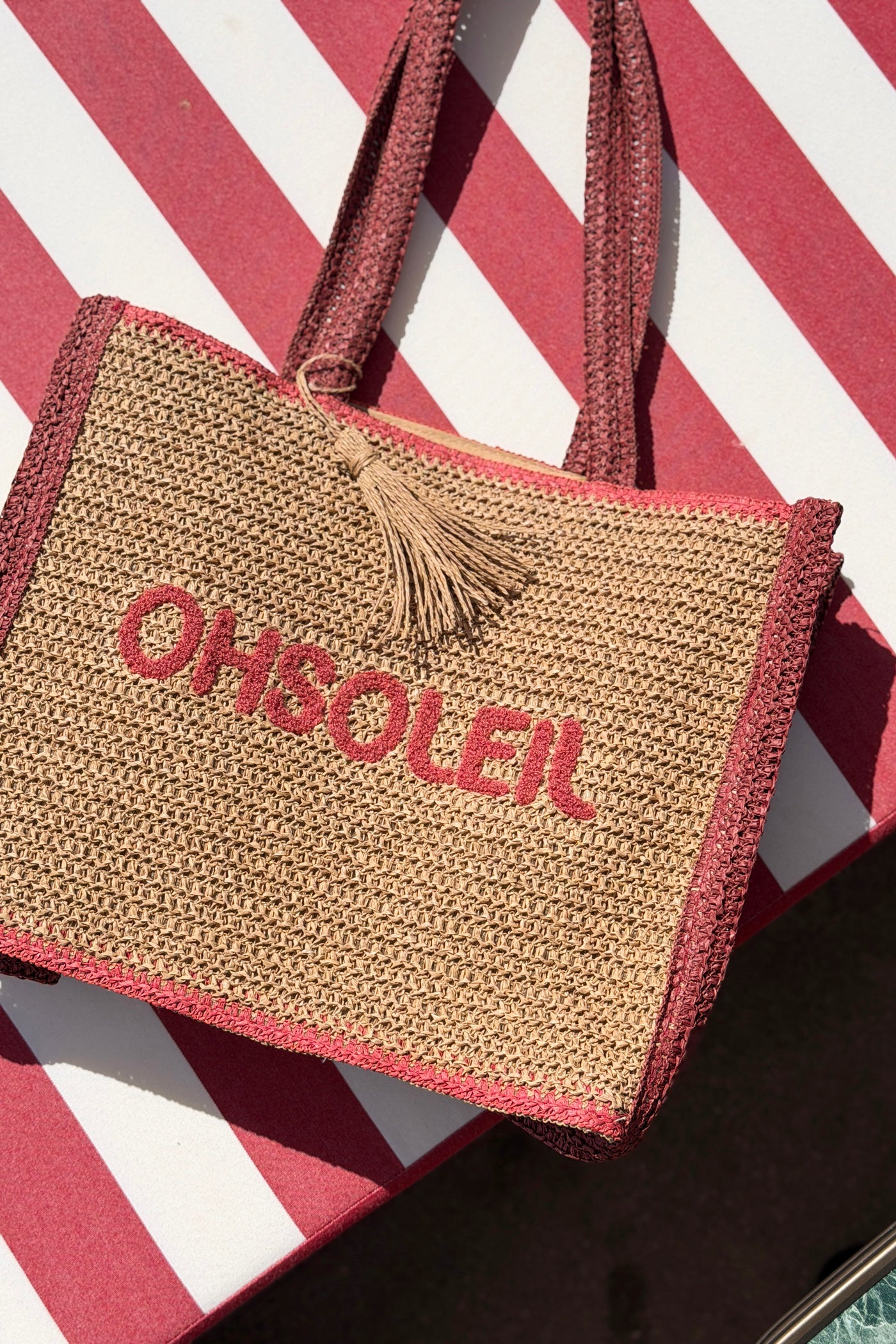 Burgundy “OH SOLEIL” Jute Beach Tote