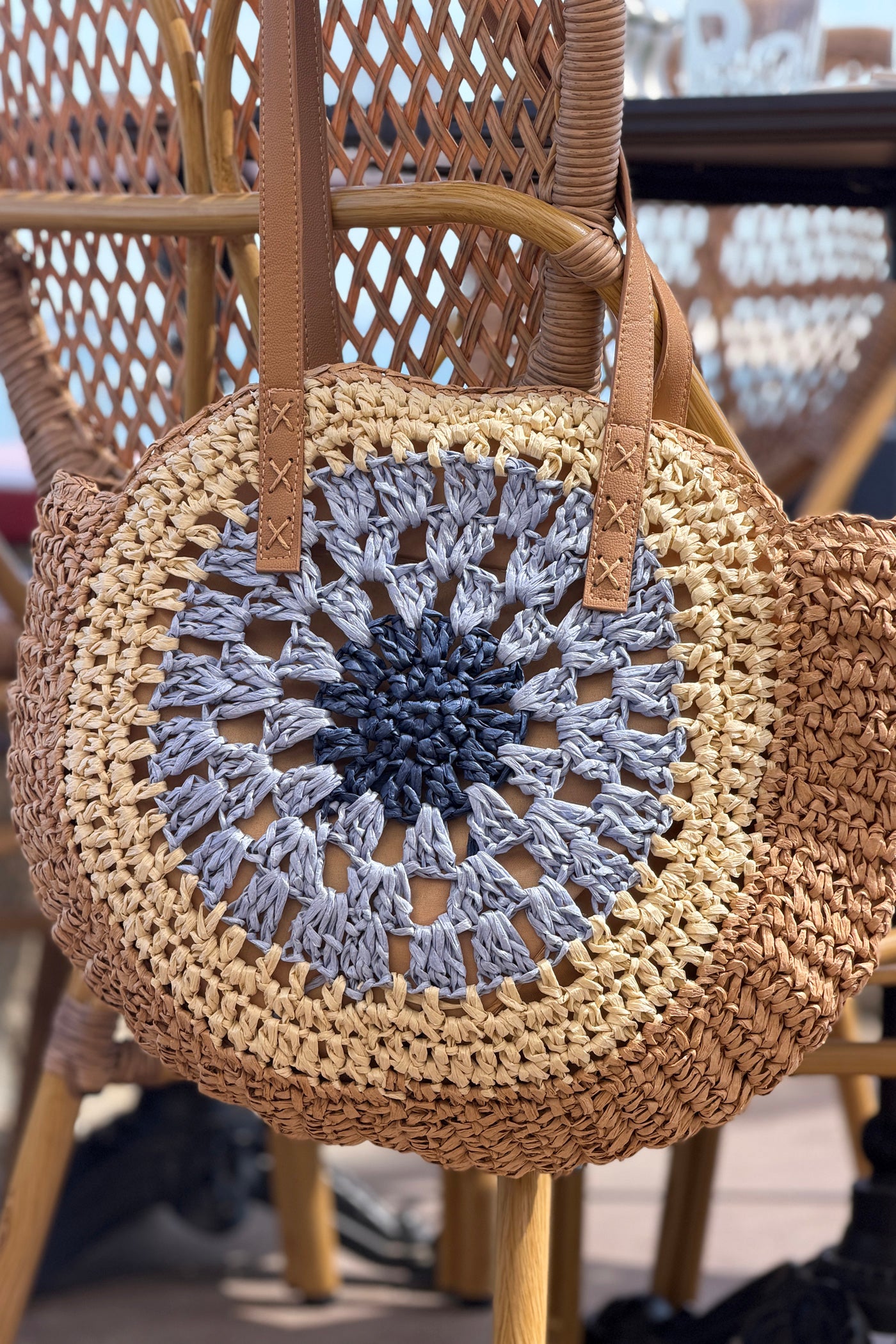 Blue Raffia Circular Beach Purse
