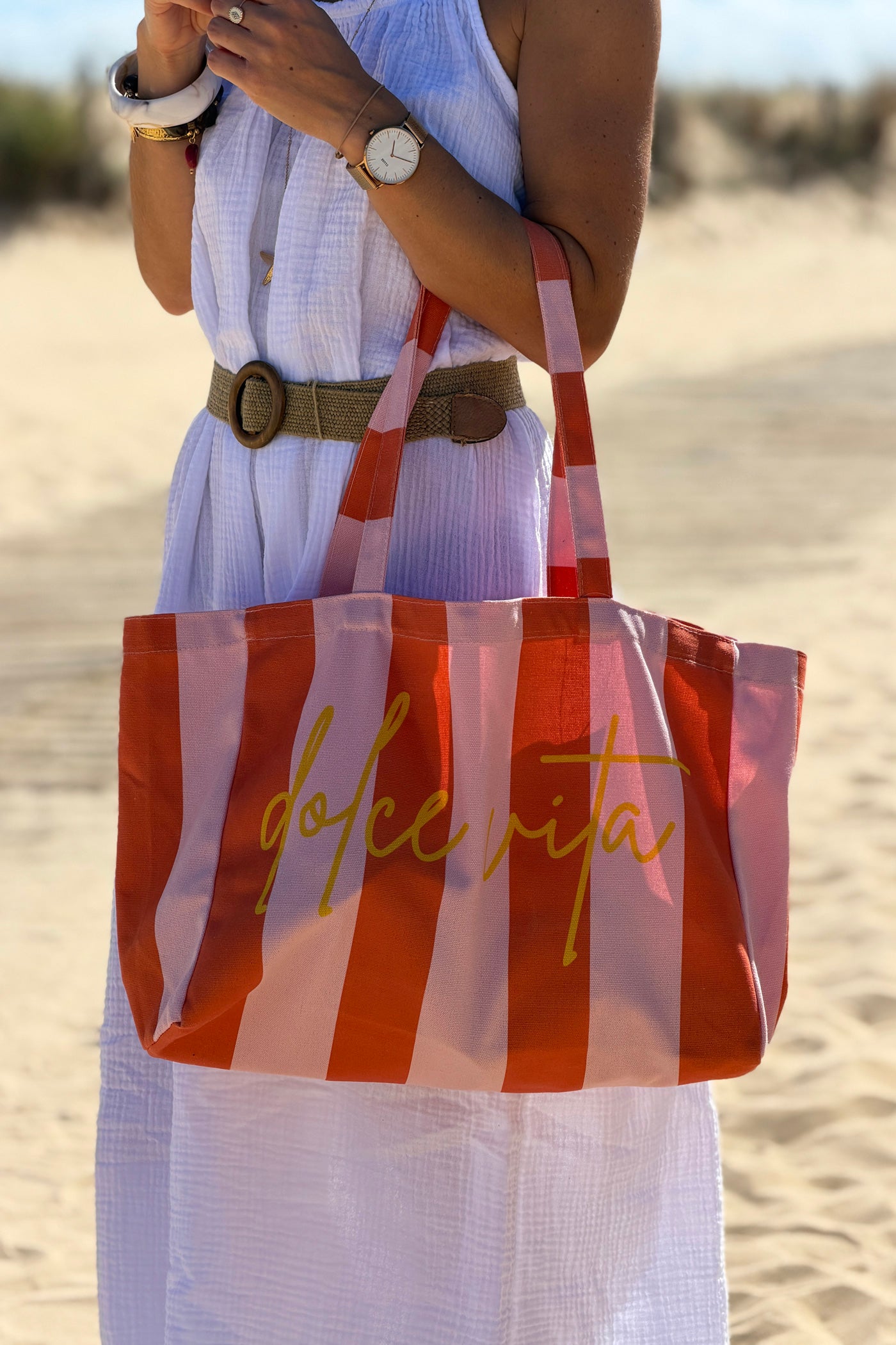 Pink Stripe “Dolce Vita” Canvas Tote Bag