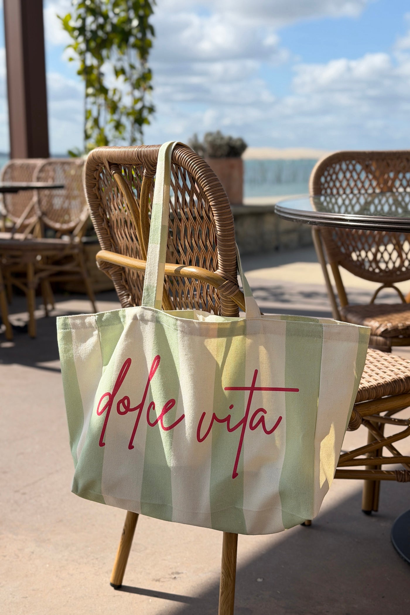Sage Stripe “Dolce Vita” Canvas Tote Bag