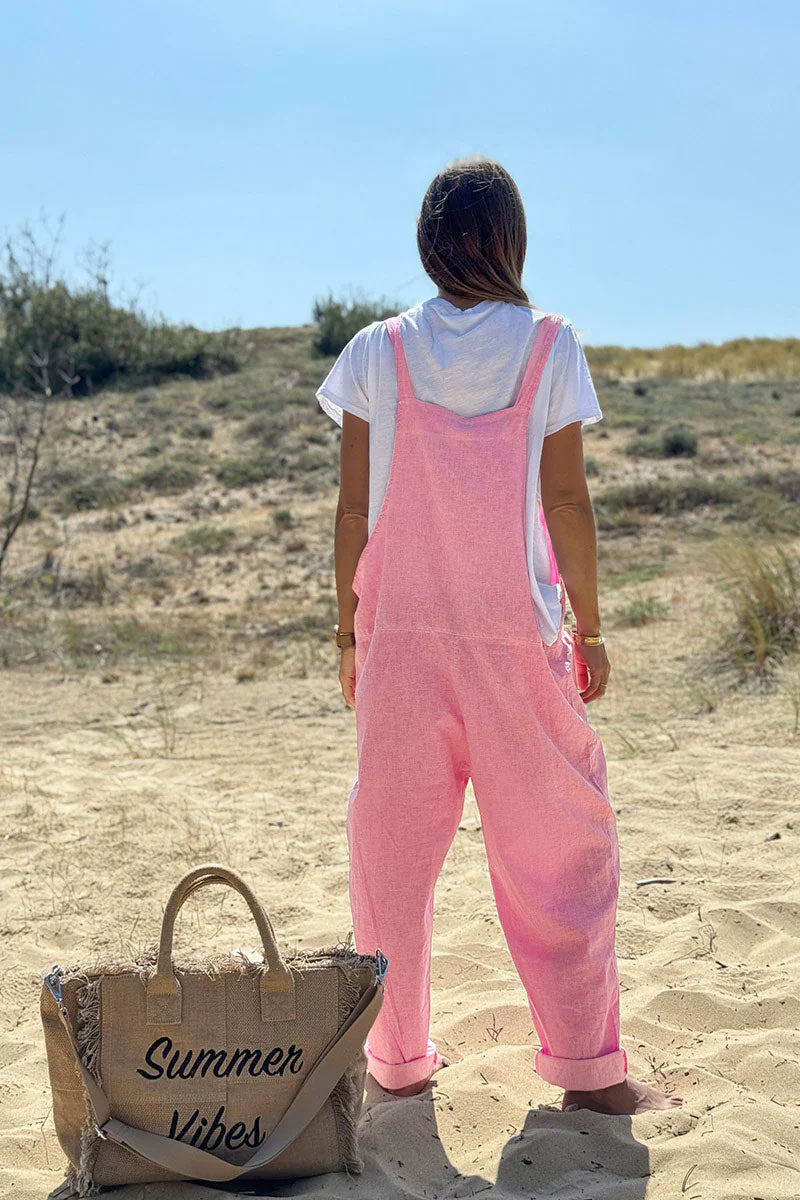 Salopette fluide rose clair mi coton mi lin bretelles nœuds
