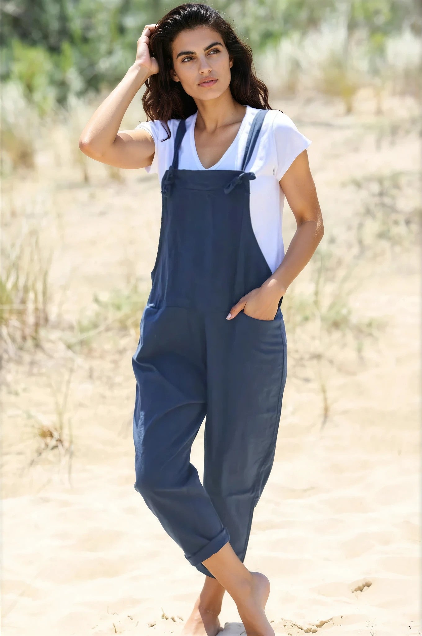 Navy Blue Cotton and Linen Flowing Overalls