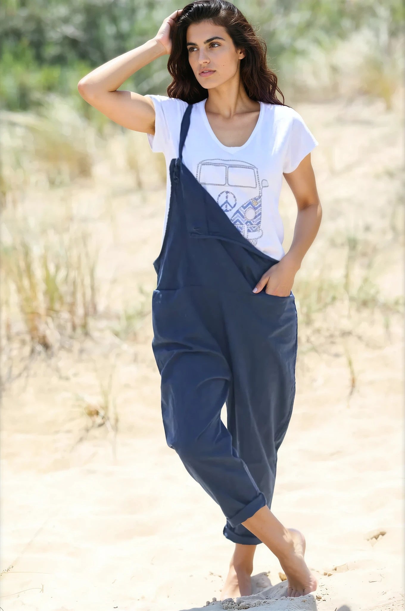Navy Blue Cotton and Linen Flowing Overalls