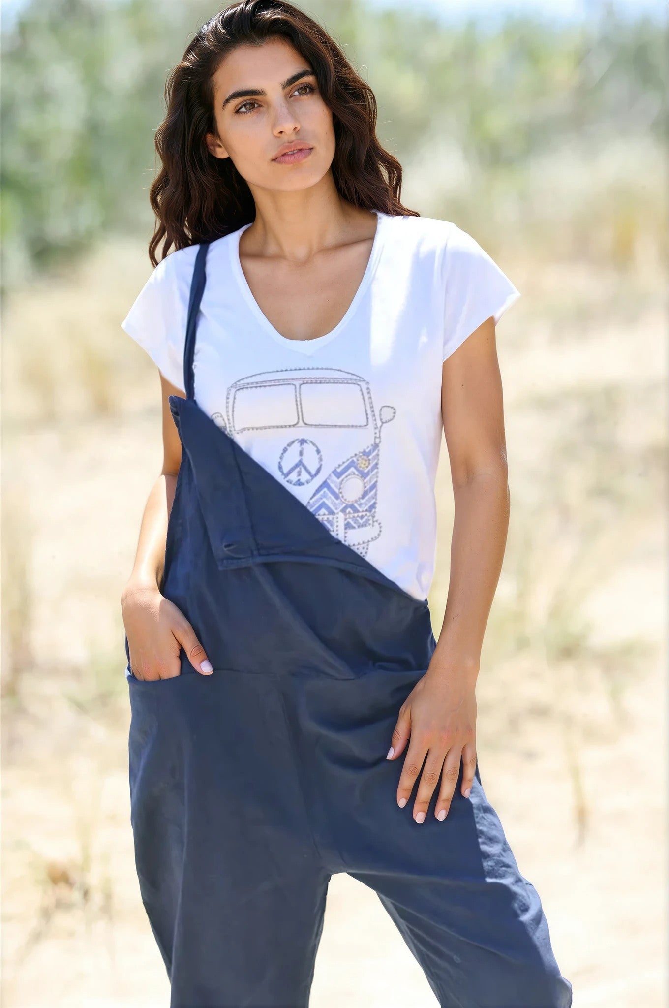 Navy Blue Cotton and Linen Flowing Overalls