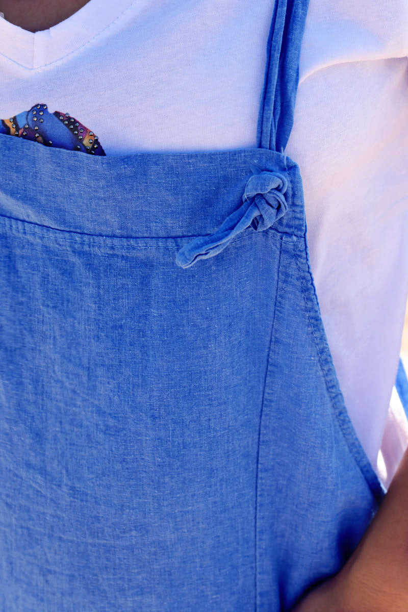 Salopette fluide bleu roi délavé mi coton mi lin bretelles nœuds