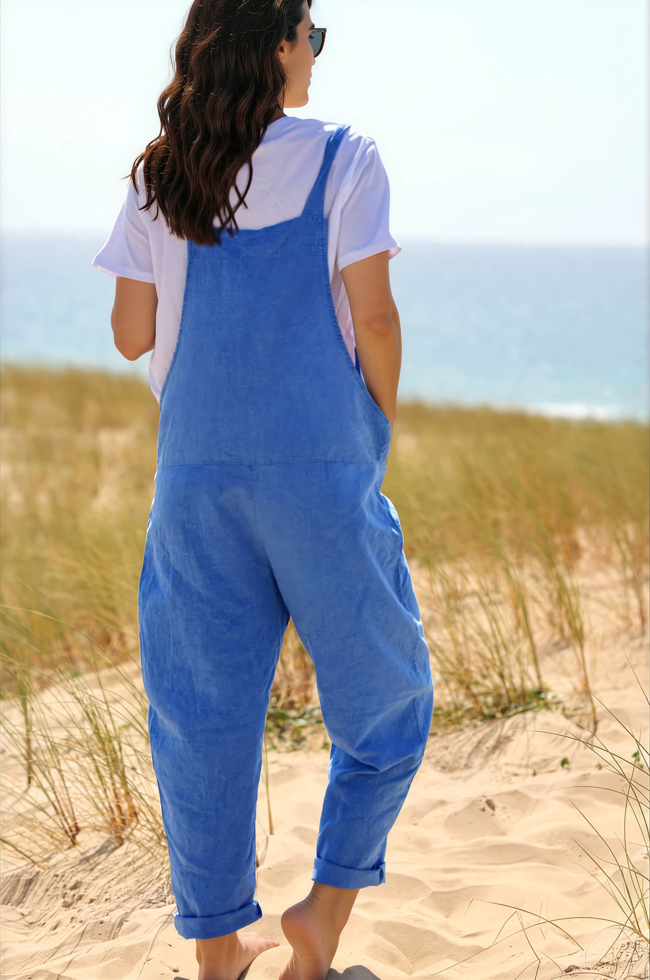 Salopette fluide bleu roi délavé mi coton mi lin bretelles nœuds