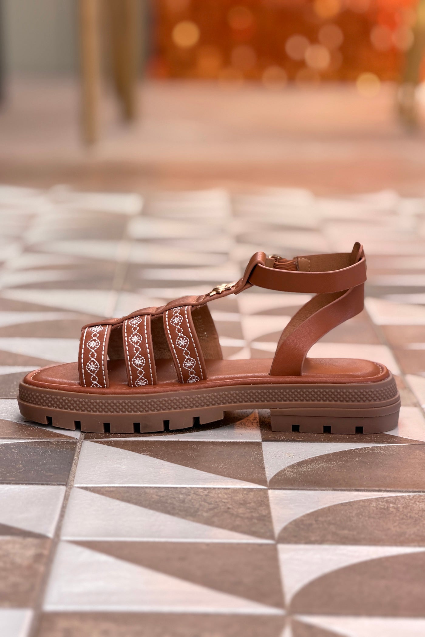 Brown Leatherette Embroidered Buckle Sandals