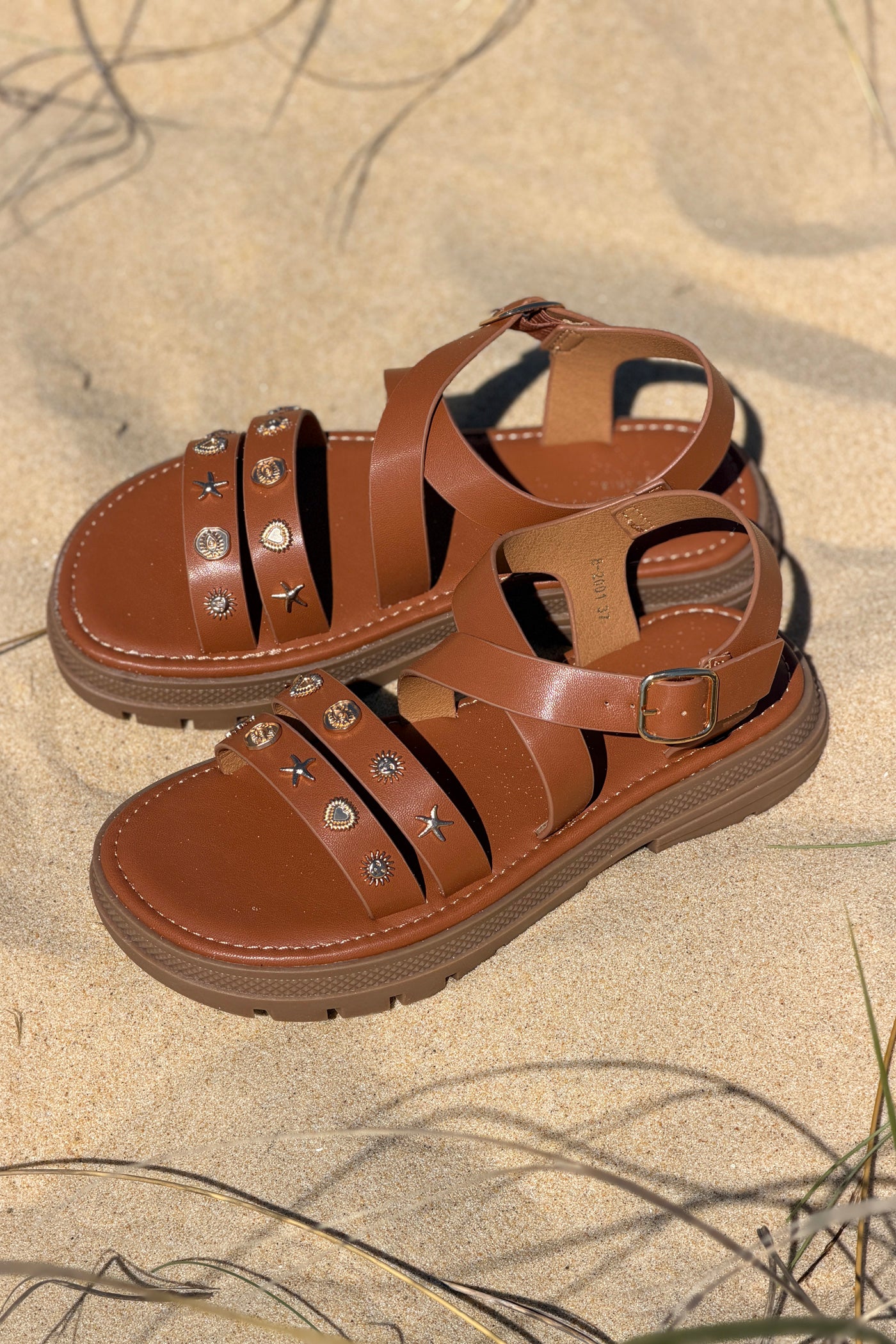 Brown Leatherette Sea Stud Sandals