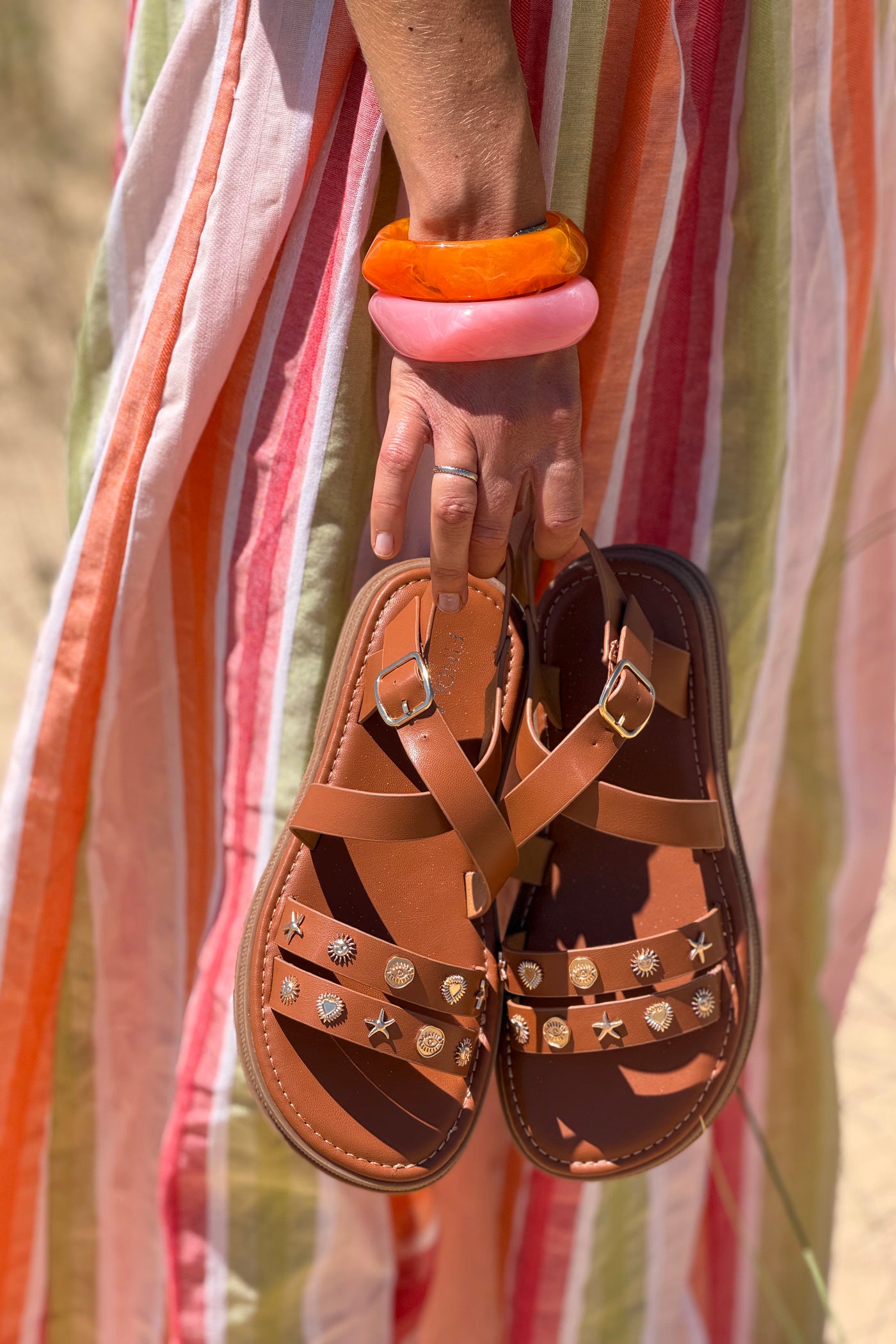 Brown Leatherette Sea Stud Sandals
