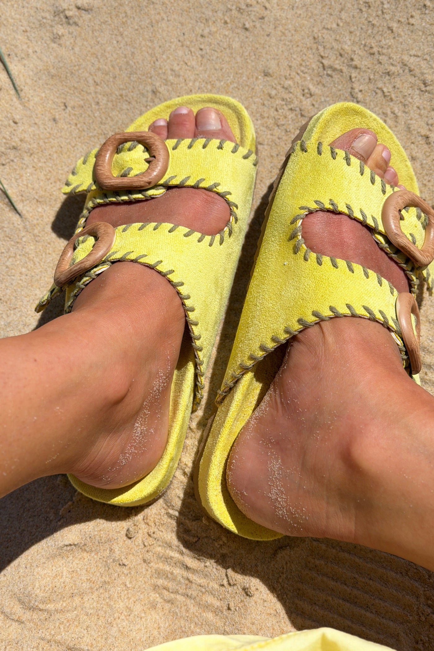 Yellow Suedette Blanket Stitch Buckle Slides