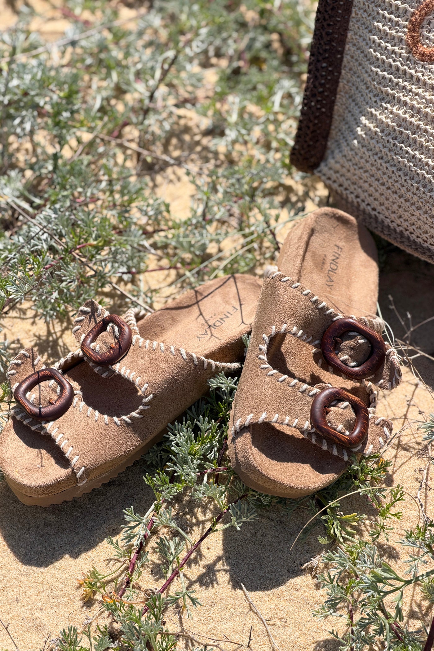 Brown Suedette Blanket Stitch Buckle Slides