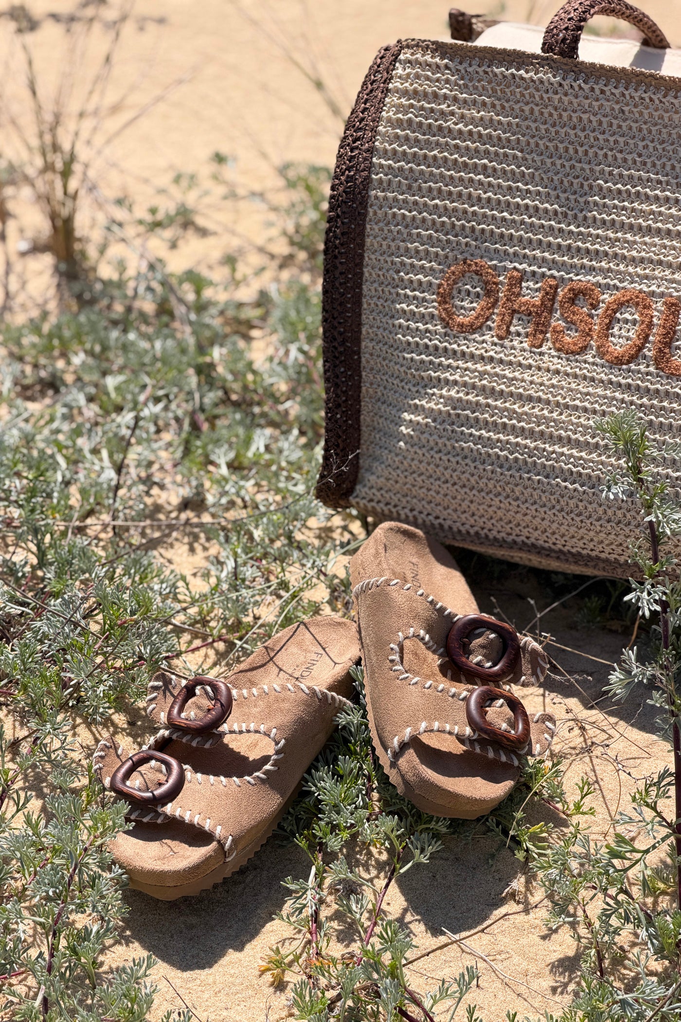 Brown Suedette Blanket Stitch Buckle Slides