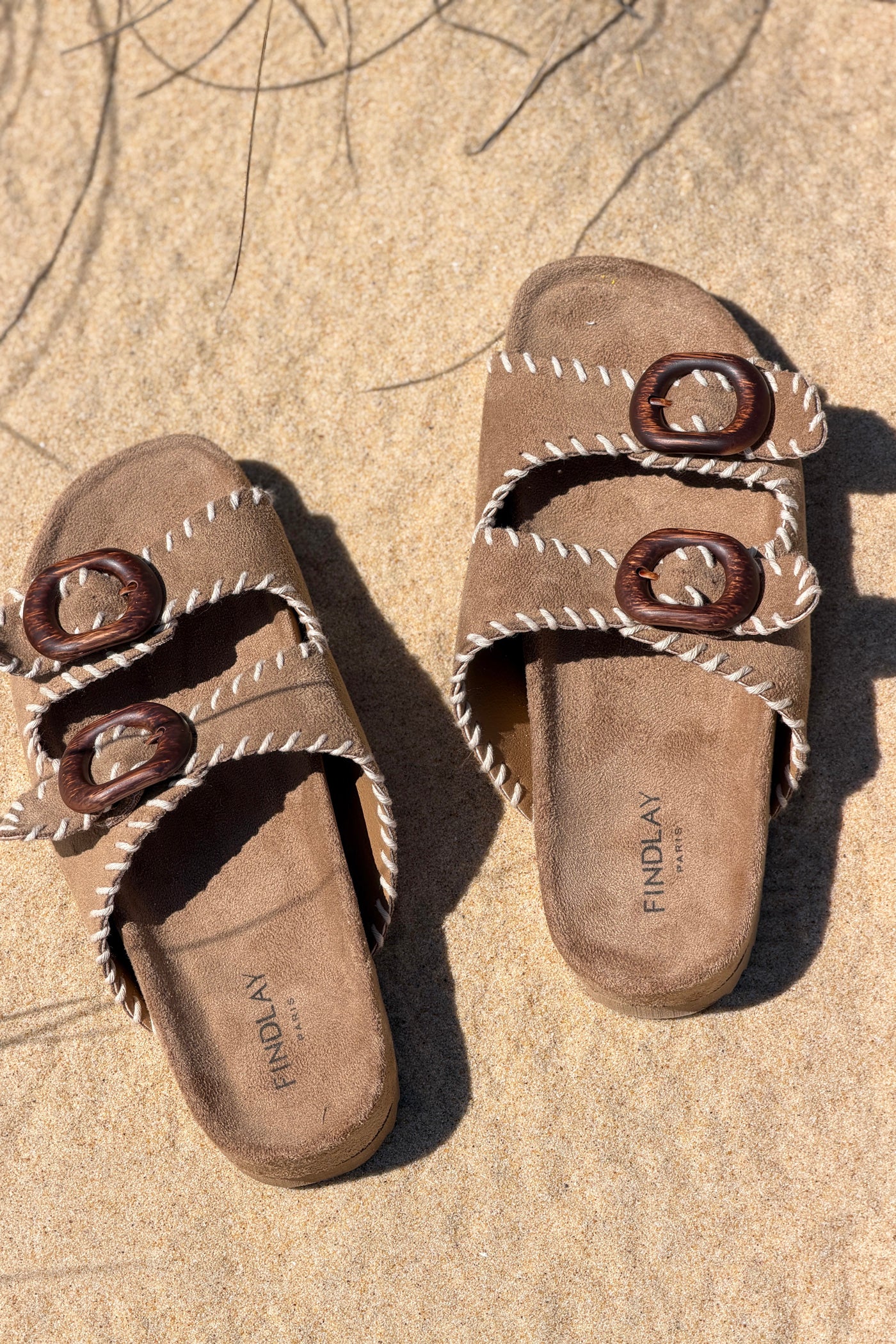 Brown Suedette Blanket Stitch Buckle Slides
