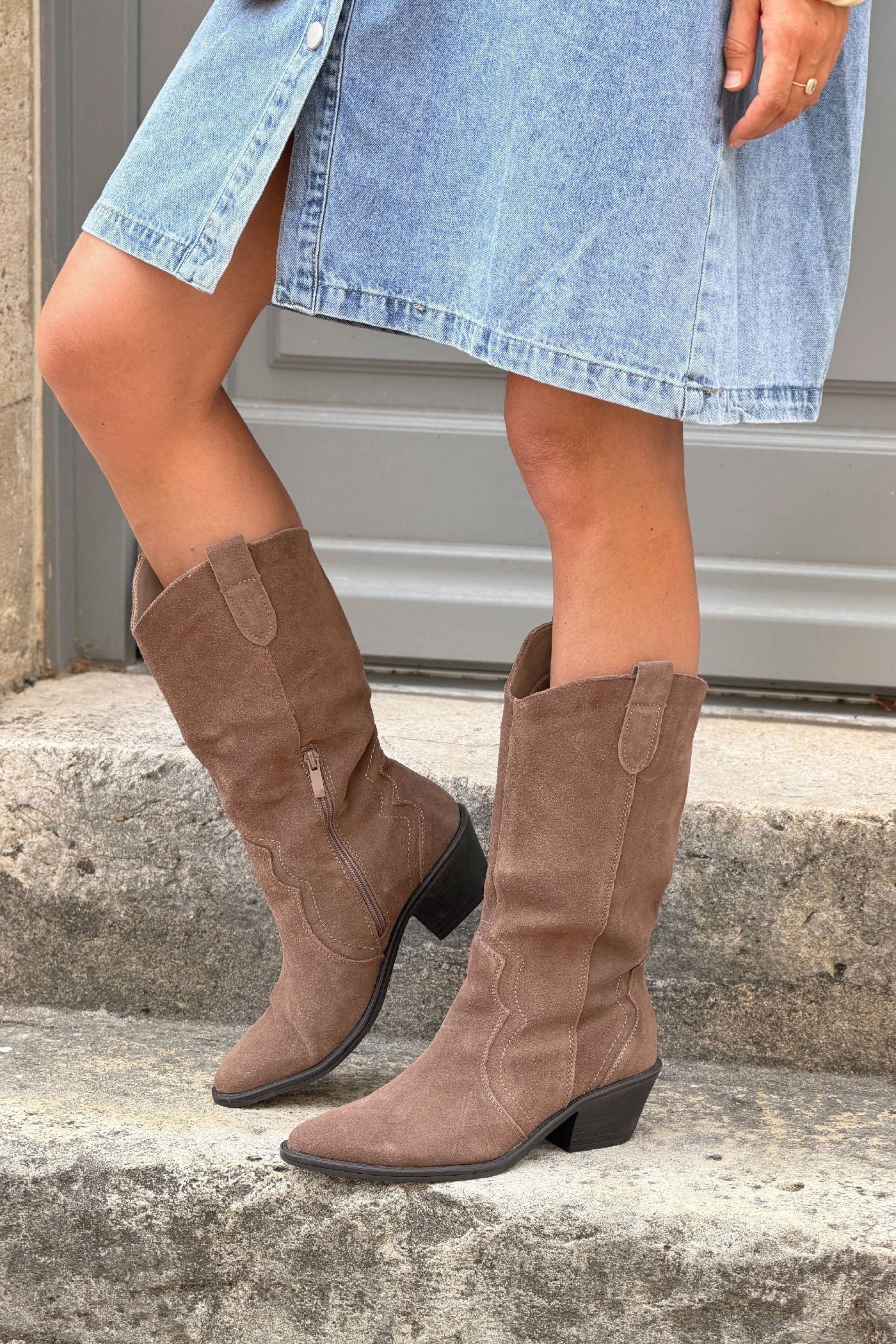 Taupe Suede leather Western Boots