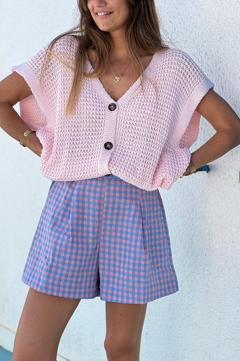 Pantalones cortos plisados de algodón con cuadros vichy azules y rosas