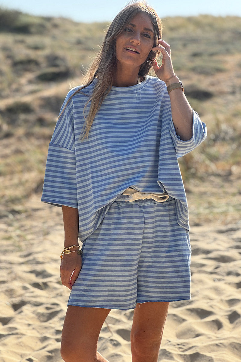 Blue Striped Drawstring Jersey Shorts