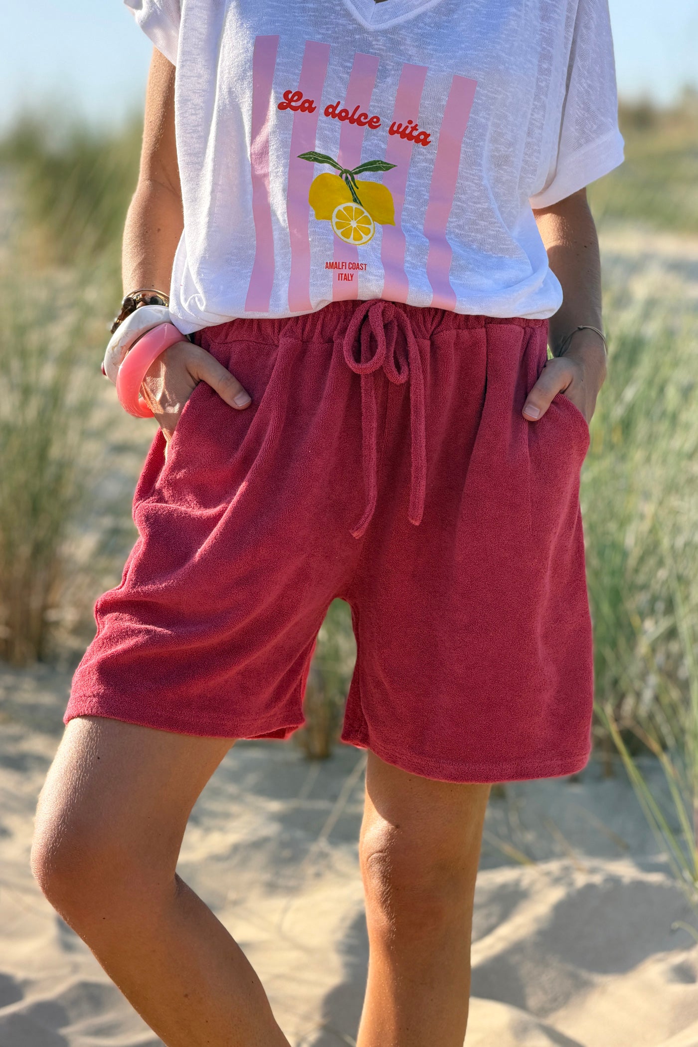 Short en éponge framboise fluide taille élastique