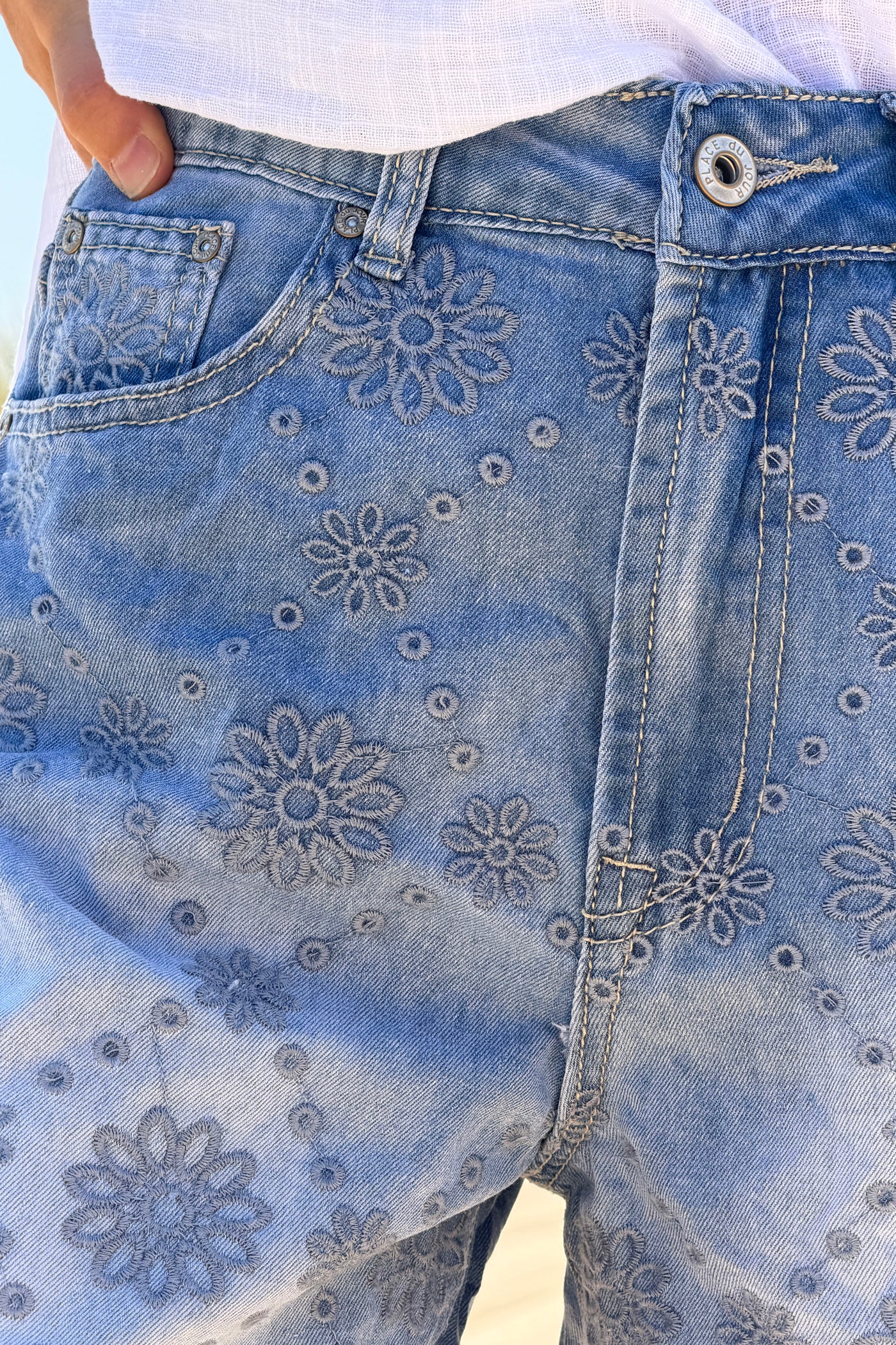 Blue Jean Eyelet Embroidered Denim Shorts