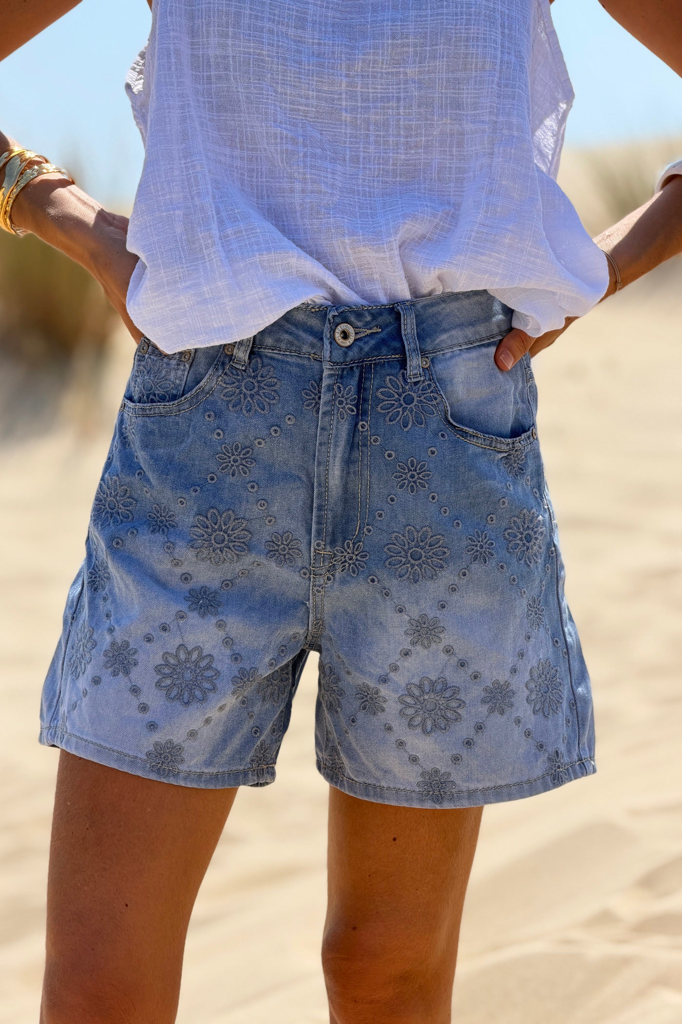 Blue Jean Eyelet Embroidered Denim Shorts