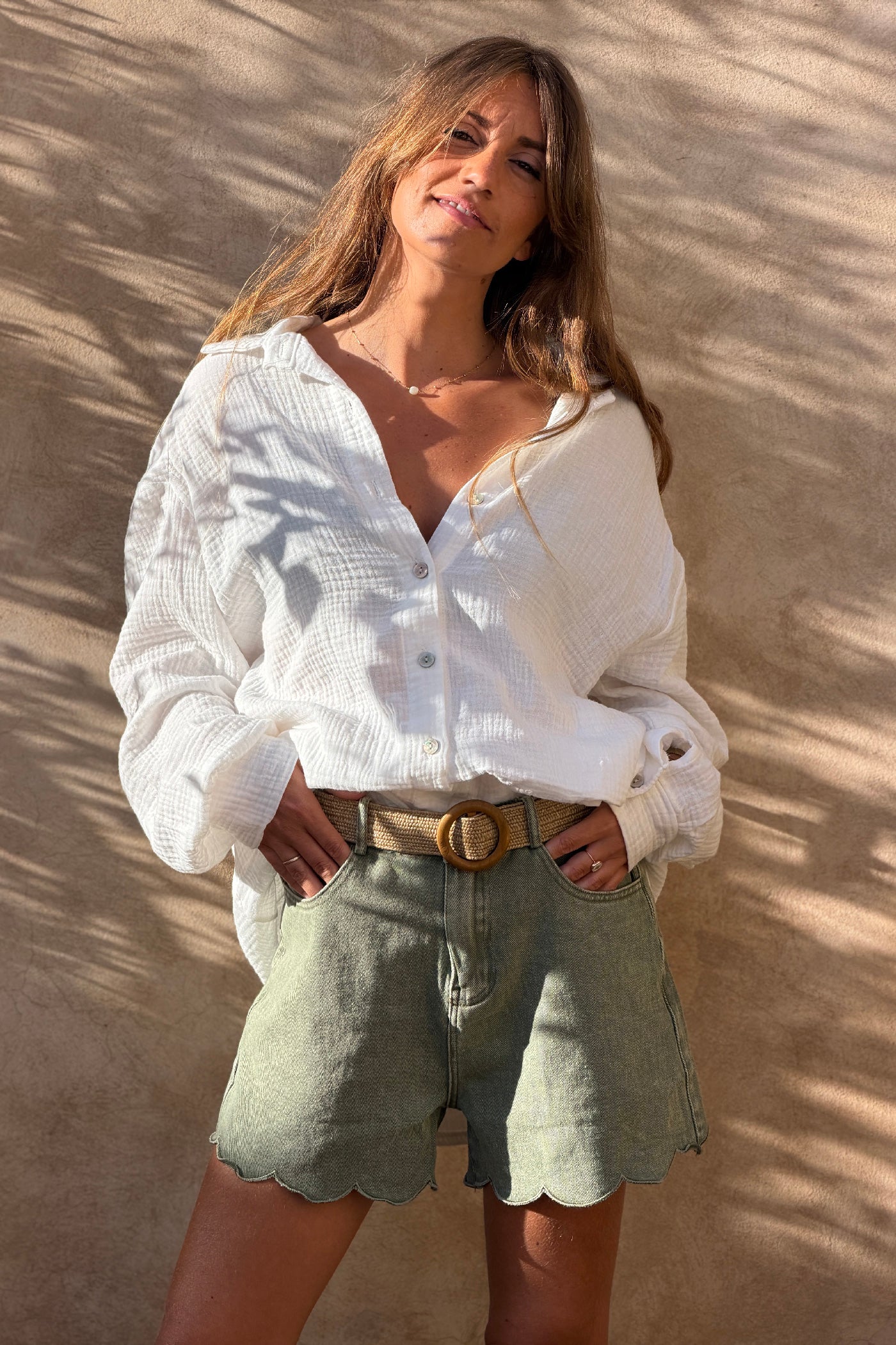 Sage Denim Scalloped Hem Shorts