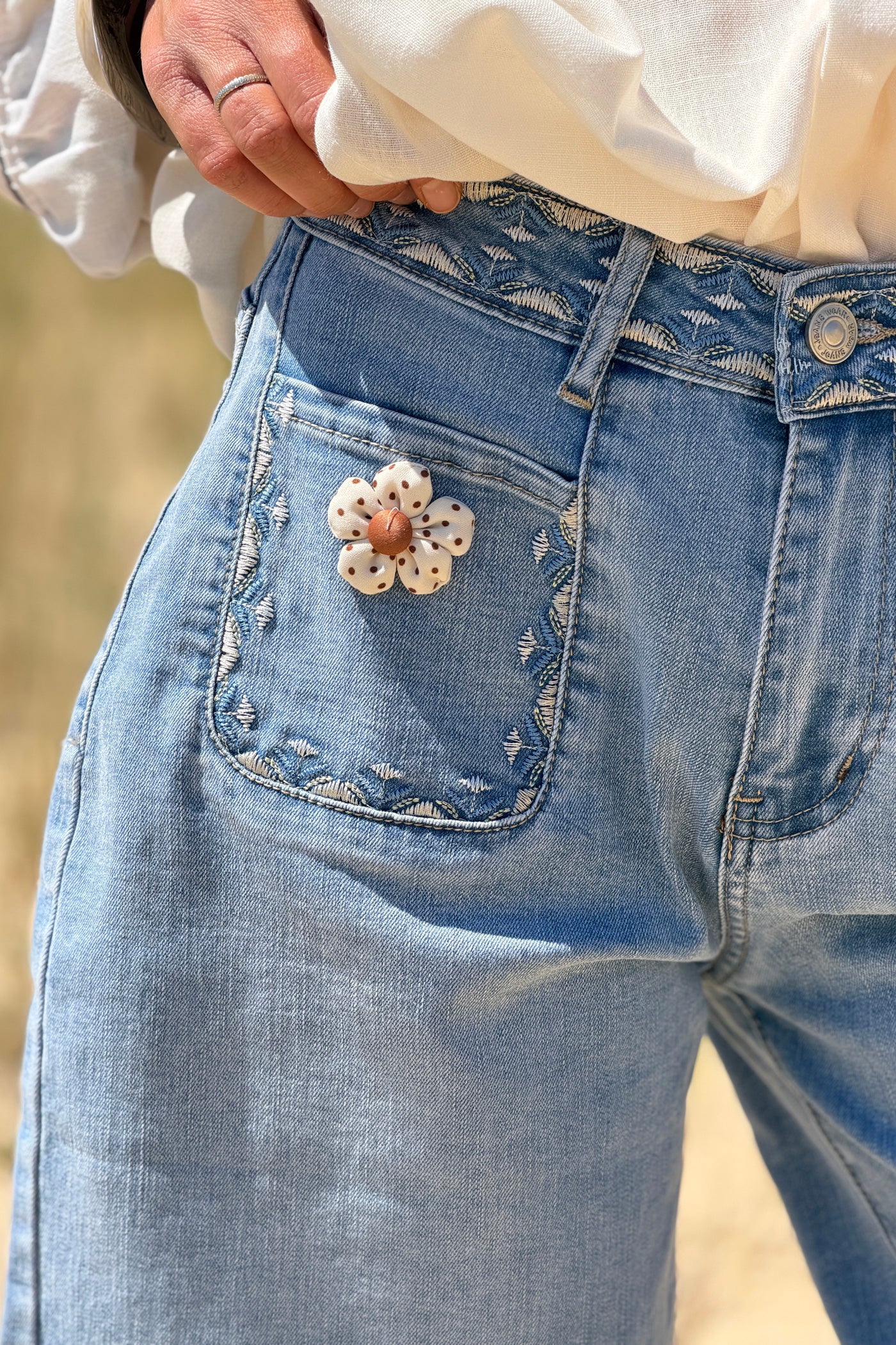 Light Chambray Floral Patch Pocket Jean Shorts