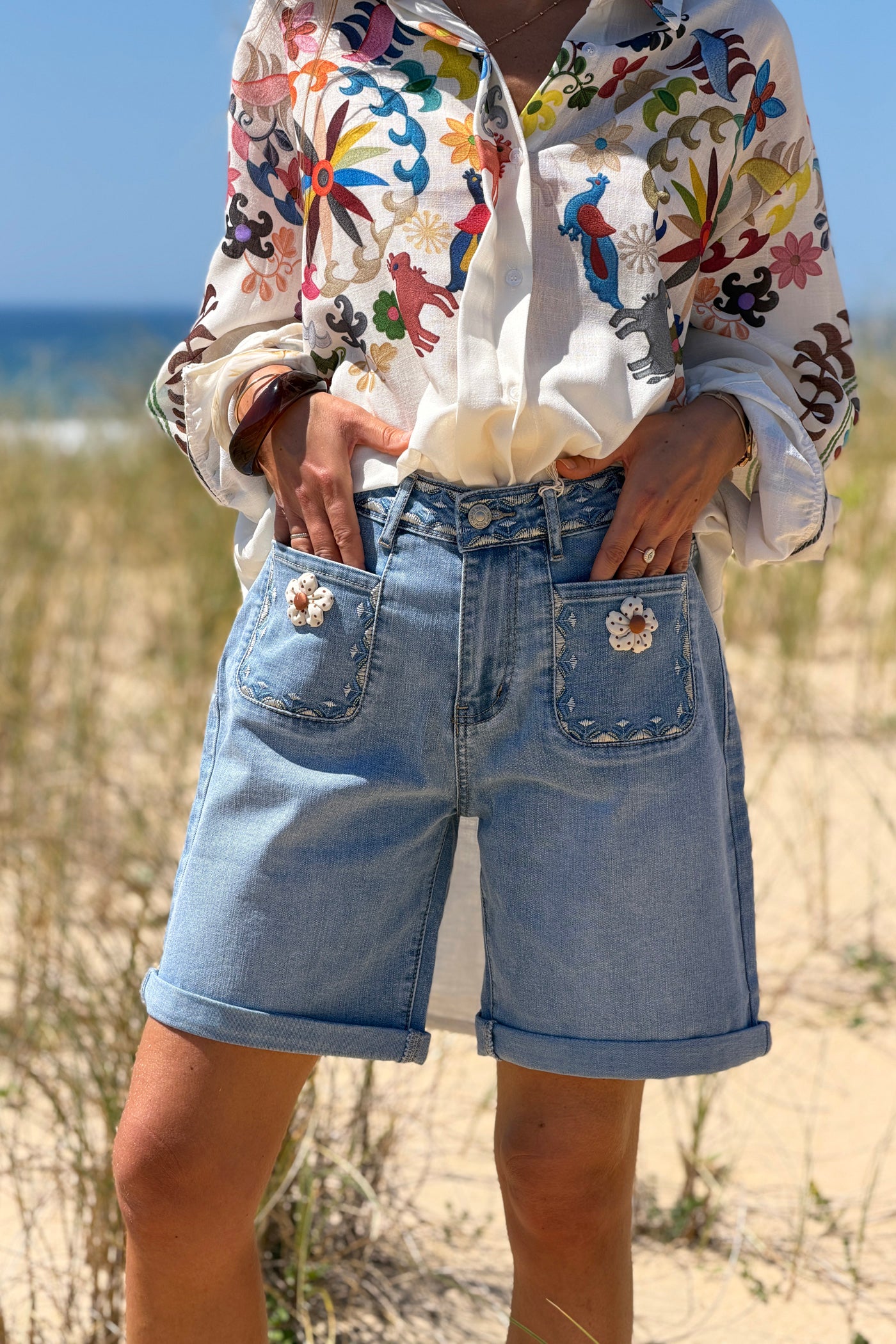 Light Chambray Floral Patch Pocket Jean Shorts