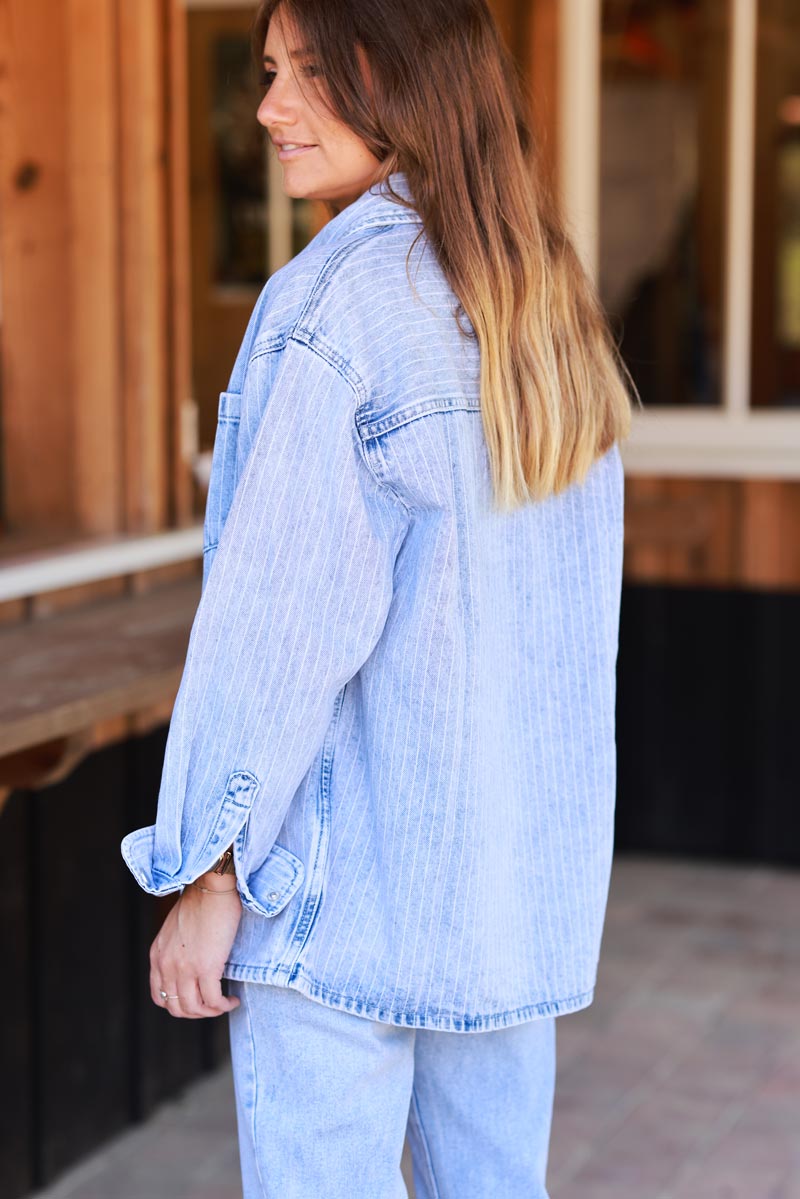 Light Wash Pinstripe Denim Shirt Jacket