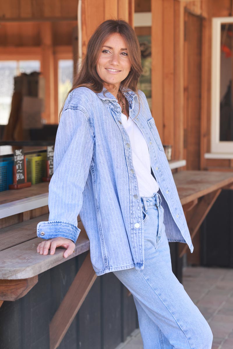Light Wash Pinstripe Denim Shirt Jacket