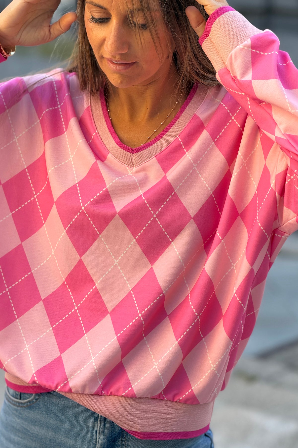 Pink Argyle V-Neck Sweater