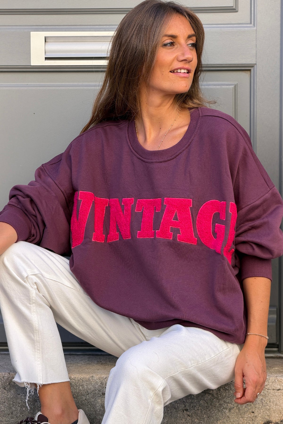 Sweat loose coupe années 90 aubergine logo Vintage fuchsia