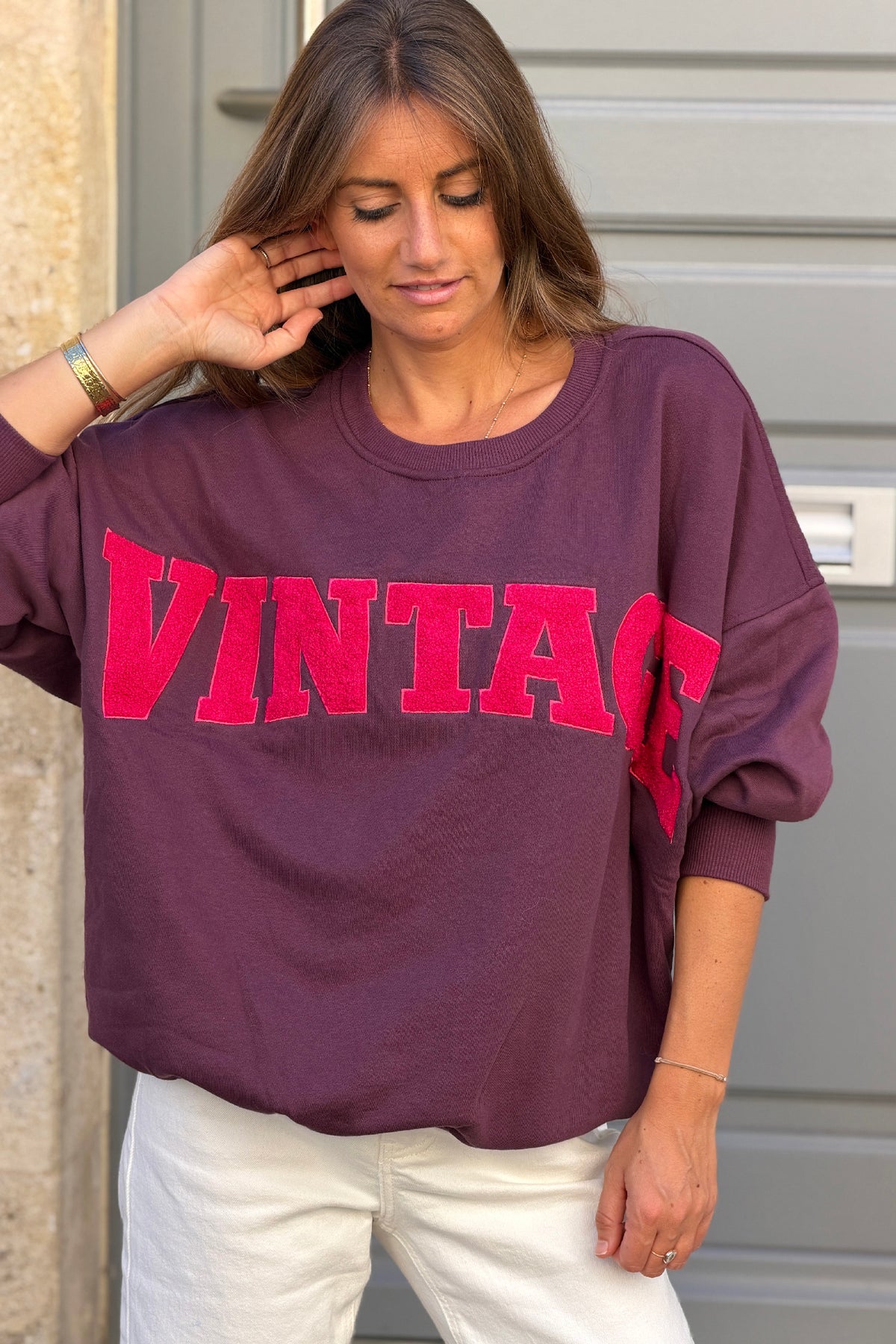 Sweat loose coupe années 90 aubergine logo Vintage fuchsia