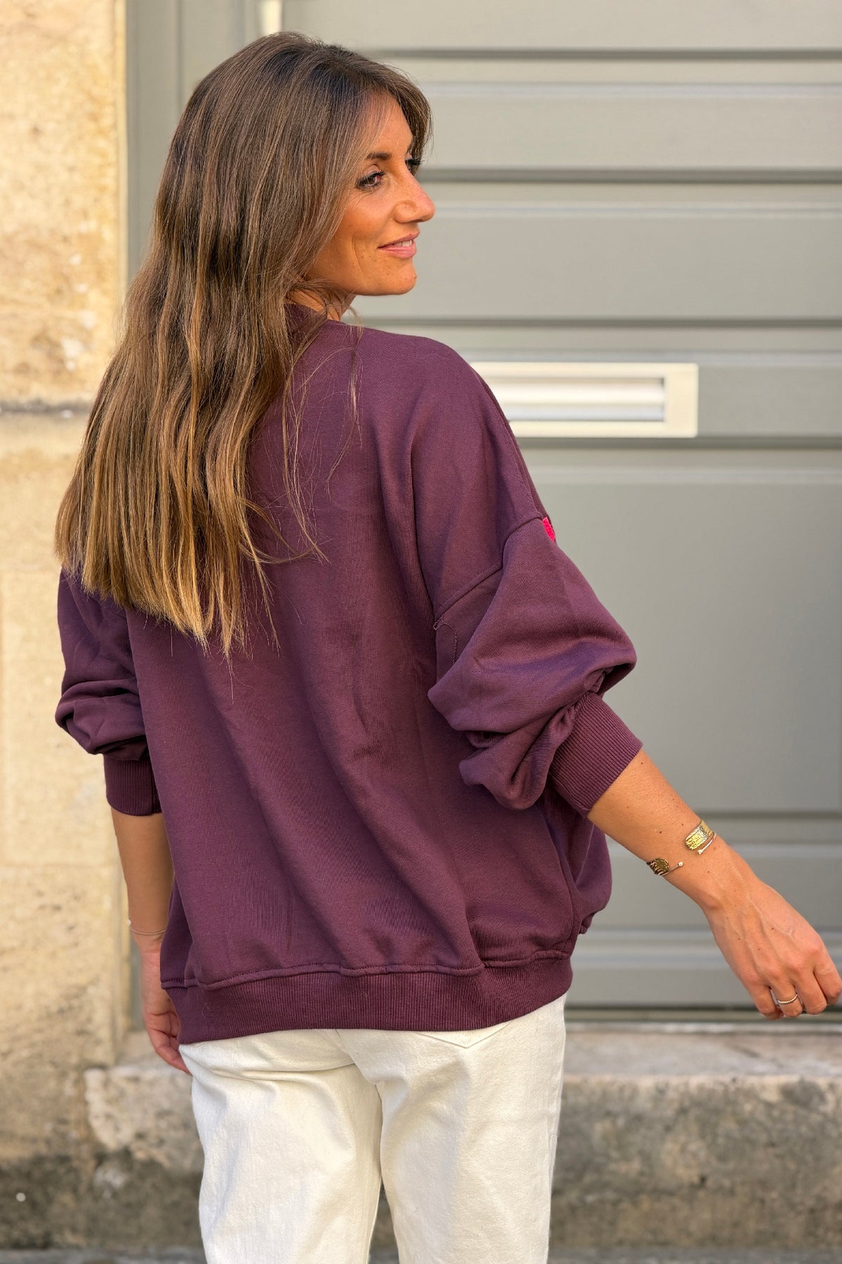 Sweat loose coupe années 90 aubergine logo Vintage fuchsia