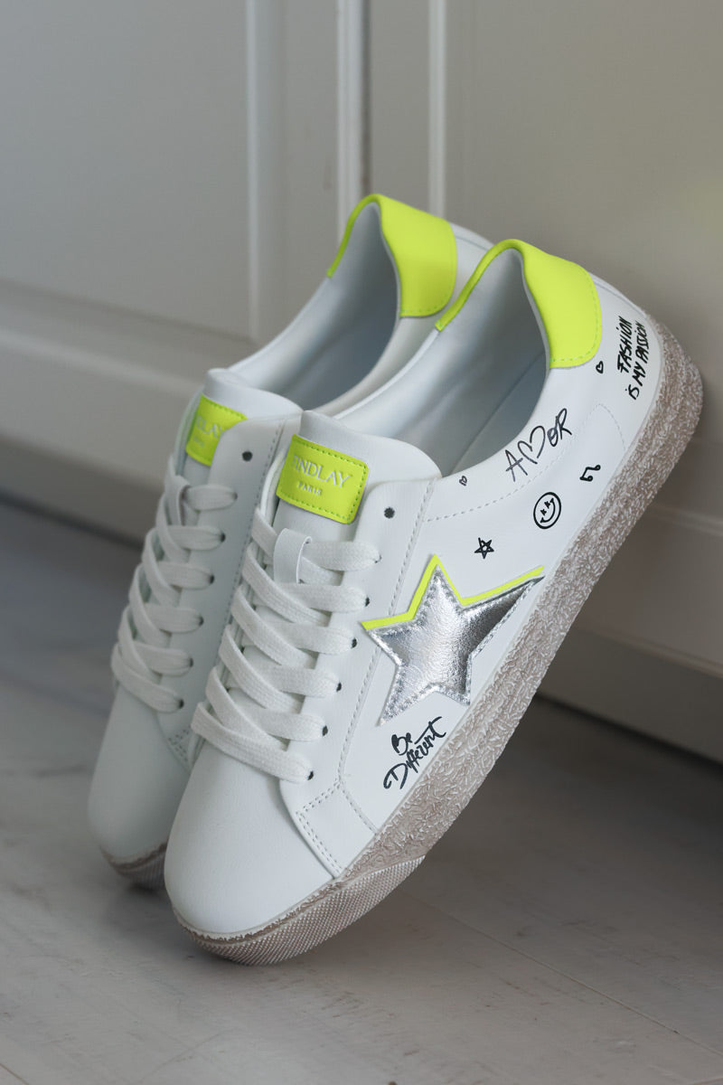 White Gold Star and Graffiti Trainers with Neon Yellow Accent