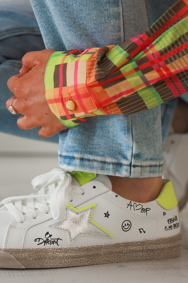 White Gold Star and Graffiti Trainers with Neon Yellow Accent