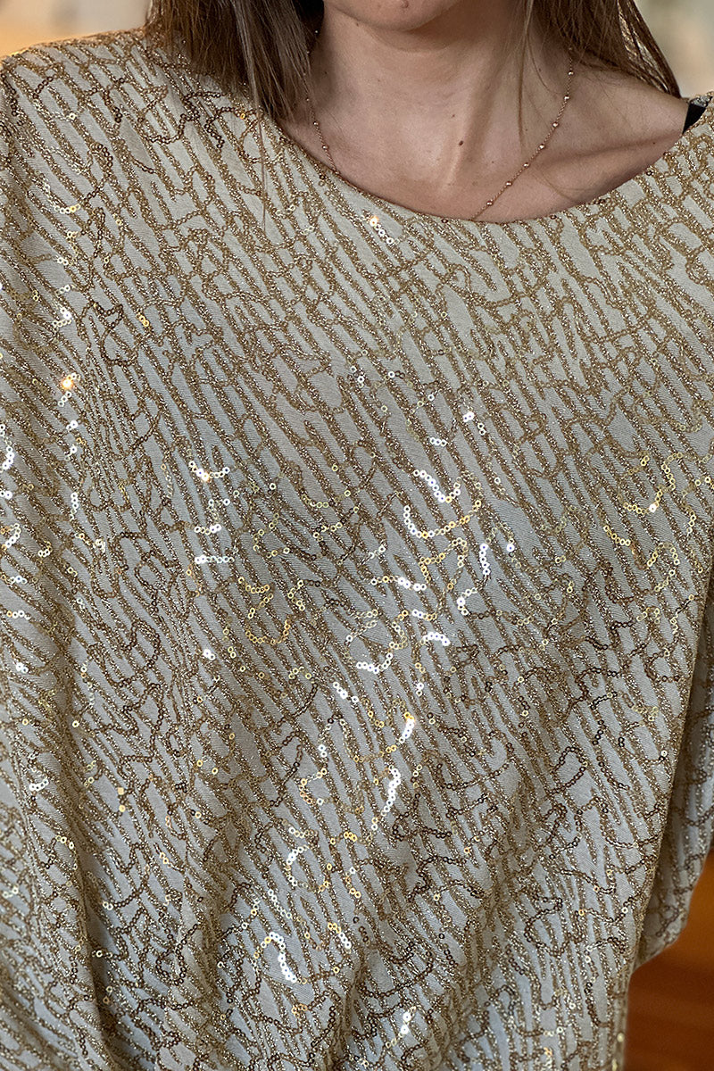 Gold Sequin Patterned Tie-Front Blouse