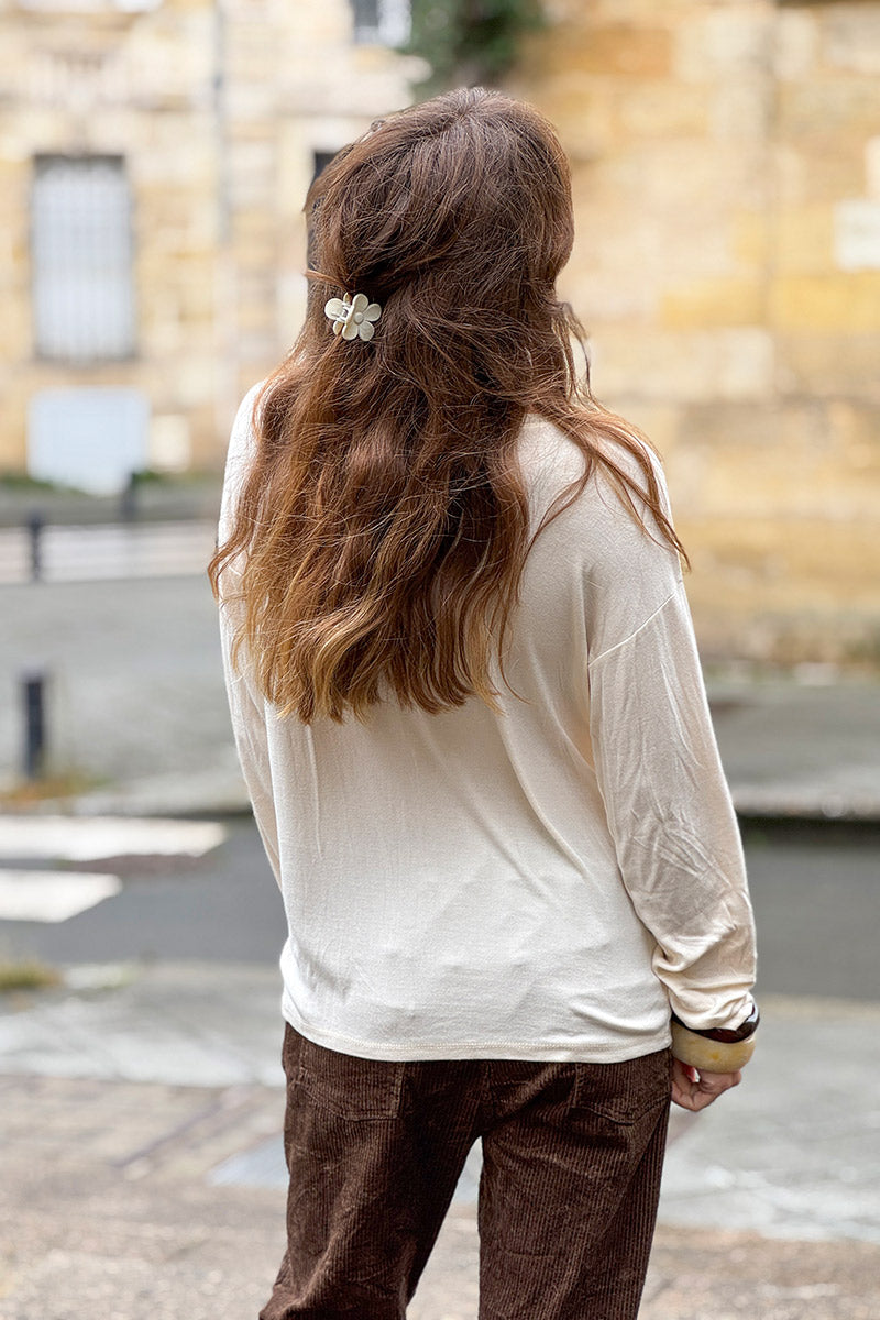 Top beige en jersey stretch col v brillant