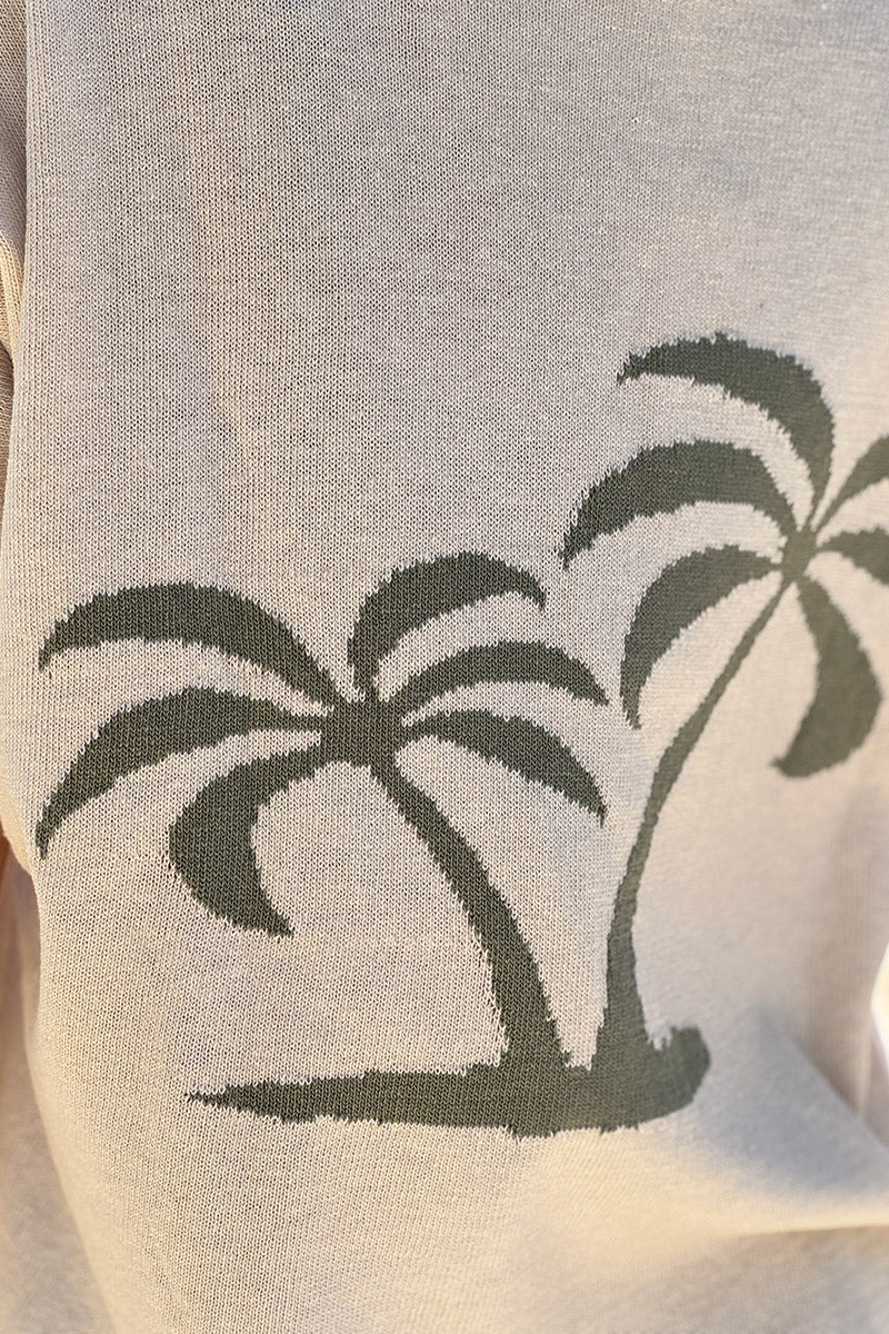 Top beige de punto en mezcla de algodón pequeño con estampado de palmeras color caqui en la espalda