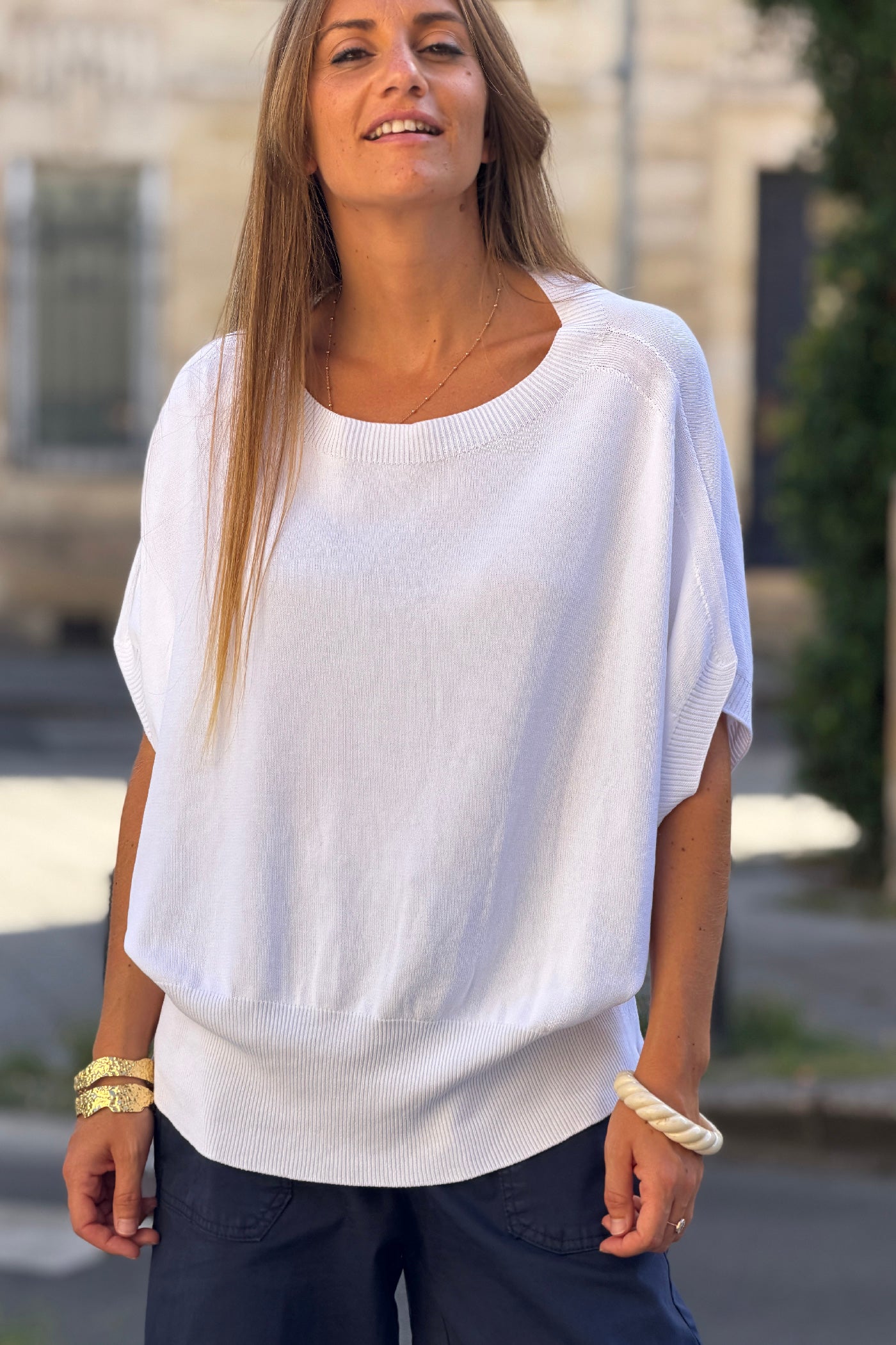 White Viscose Knit Dolman Blouse