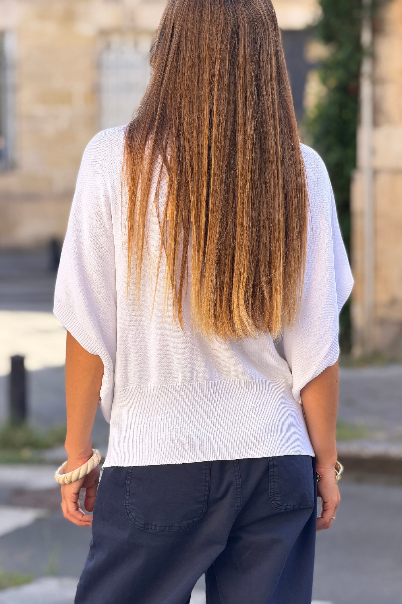 White Viscose Knit Dolman Blouse