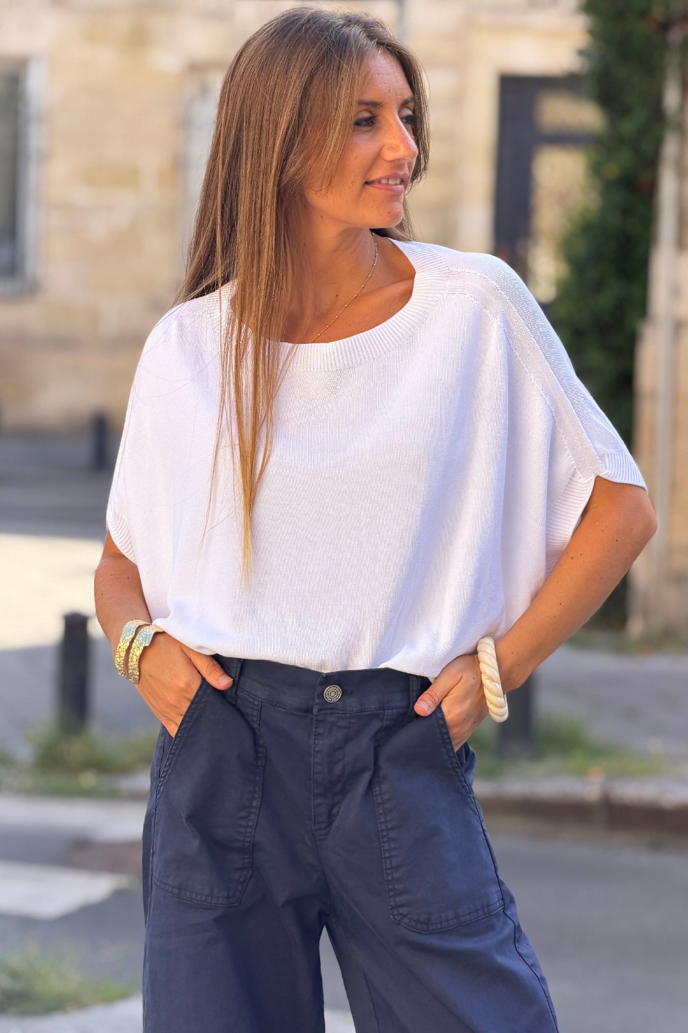 White Viscose Knit Dolman Blouse