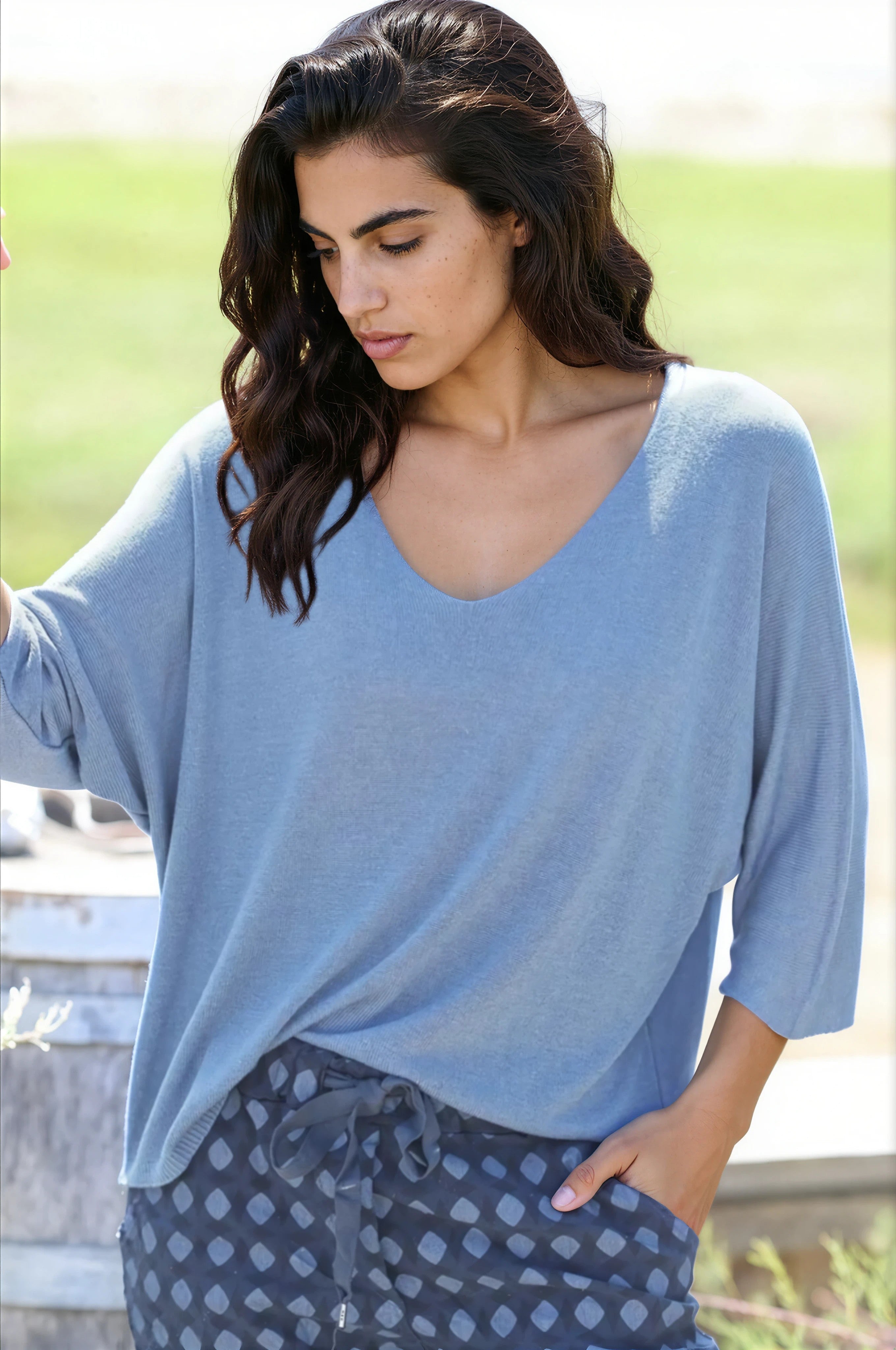 Batwing dusty blue jersey top