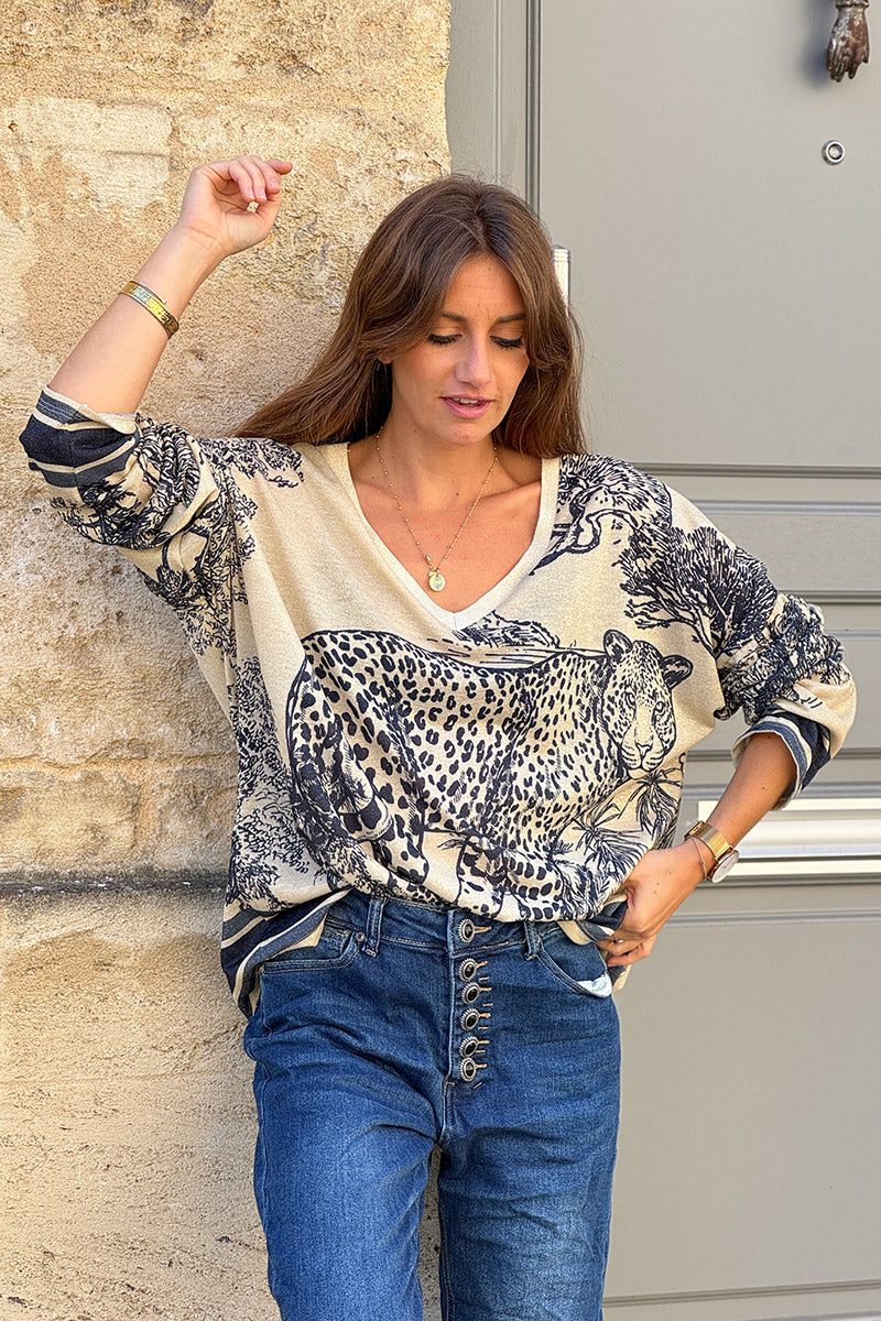 Top brillant beige imprimé léopard toile de jouy jungle bleu marine