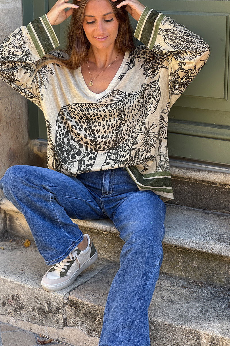 Cream sweater with Olive Leopard Pastoral Print Long-Sleeve Knit Top