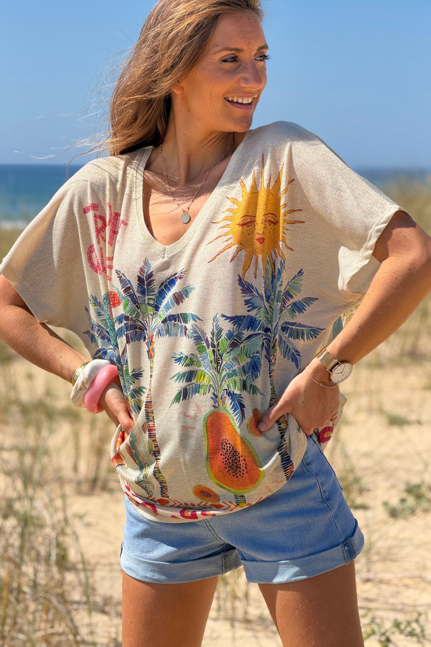 Top brillant lurex imprimé coloré tropical palmier soleil et papaye