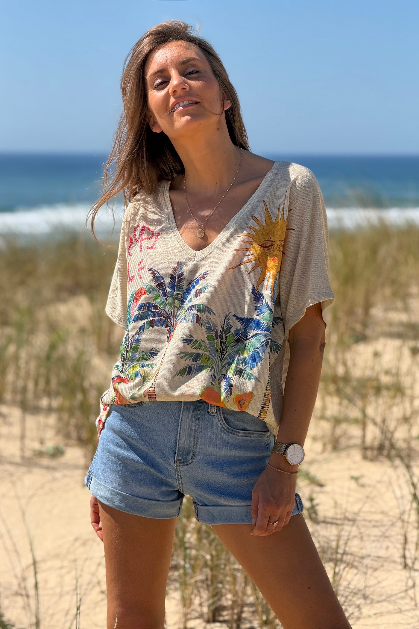 Top brillant lurex imprimé coloré tropical palmier soleil et papaye