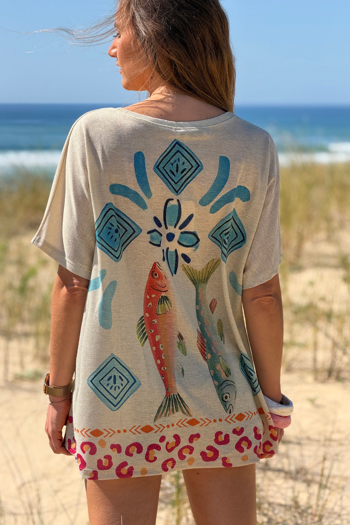 Top brillant lurex imprimé coloré tropical palmier soleil et papaye
